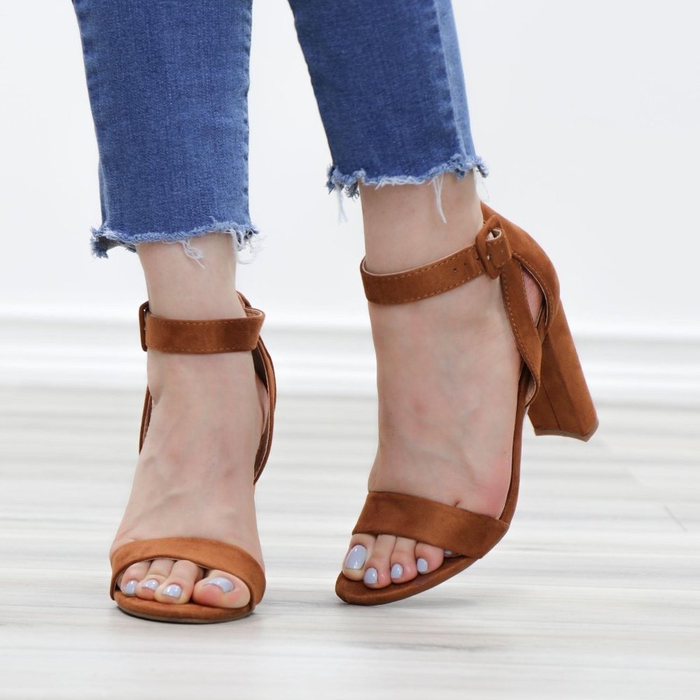 Faux Suede Open Toe Block High Heel Sandals - Picture 9 of 12